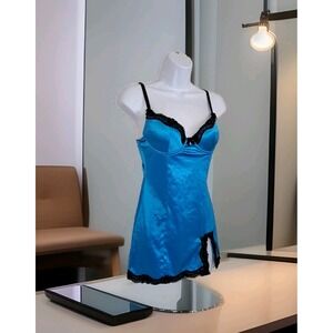 Native Intimates Babydoll Bustier 34B Turquoise Black Lace Trim Adjustable Strap